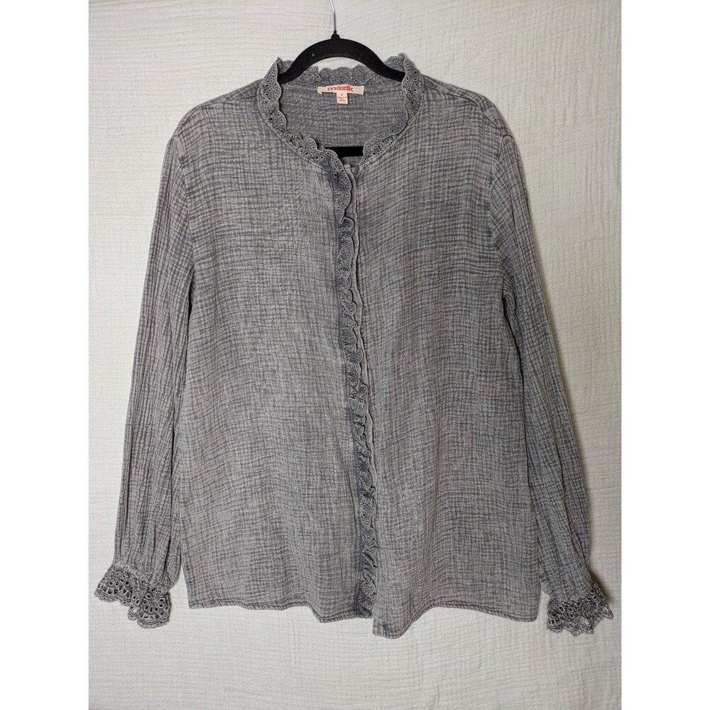 Grey Gauze Waffle Button up Eyelet Lace Ruffle Long Sleeve Women's Shirt Small - Picture 5 of 11
